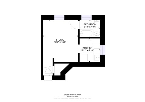 Floor plan for studio, 1 bath, 230 sqft